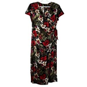 Vtg 90s Virgo Faux Wrap Midi Dress Tropical Floral Animal Print 10 Red Olive